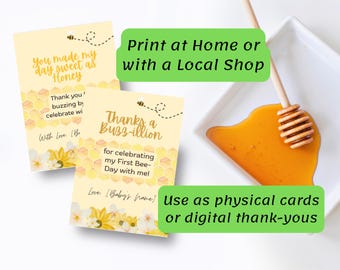 Tarjetas de agradecimiento para el primer cumpleaños de las abejas / Plantilla editable para fiesta de cumpleaños / Tema imprimible para el primer cumpleaños de tu bebé con temática de abejas / Descarga digital