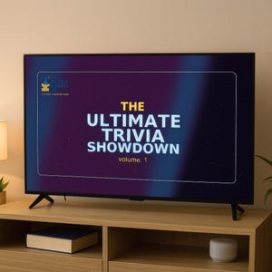 May include: A flat-screen television displays "The Ultimate Trivia Showdown, volume 1" against a dark blue and purple gradient background. The TV is on a light brown wooden entertainment center with a book and a small speaker.