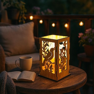 Bird Scene Lantern SVG, Wooden Candle Holder Laser Cut File, Nature Inspired Light Decor, Instant Download, SVG, PDF