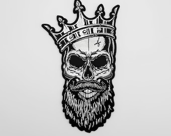 Parche bordado del Rey Calavera Barbudo • Insignia grande termoadhesiva para motociclistas