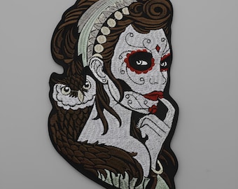 Large embroidered woman patch – gothic biker jacket patch – custom iron-on applique