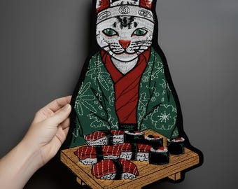 Sushi Cat Embroidered Patch – Large Japanese Iron-On Applique