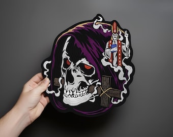 DEATH PRIEST embroidered patch – Large gothic skull patch with cross and bishop design – Iron-on patch for jacket, hoodie or biker vest