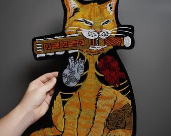 Samurai Cat Embroidered Patch – Large Japanese Warrior Iron-On Applique