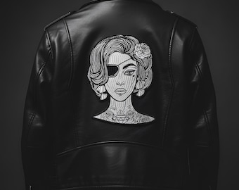 Pirate Woman Embroidered Design – Iron-On Back Embroidery for Jacket or Vest