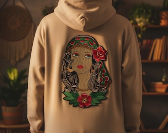 Gypsy Woman Embroidered Design – Iron-On Back Embroidery for Jacket or Vest