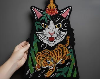 Tiger Cat Embroidered Patch – Large Japanese Iron-On Applique