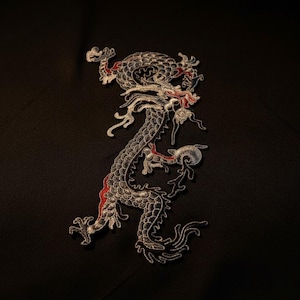 May include: Embroidered dragon patch in silver, red, and black. The dragon design features intricate details and is set against a dark background. The patch is likely for clothing or accessories.