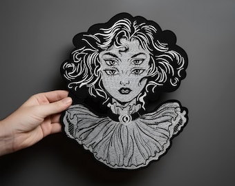 Four-Eyed Girl Embroidered Patch – Large Gothic Surreal Iron-On Design