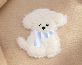 Puppy Embroidery Patch: White Dog with Blue Scarf, Iron-On Applique