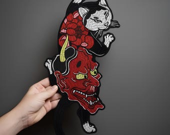 Cat with Oni Mask embroidery – Japanese demon design for jacket or vest