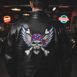 Large Winged Skull Embroidered Patch, Biker Vest Back Applique