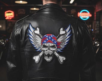 Large Winged Skull Embroidered Patch, Biker Vest Back Applique