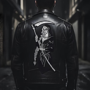 May include: Black leather jacket with a large patch depicting a Grim Reaper figure. The patch is black and white, showing a hooded figure with a skull face holding a scythe. The jacket is worn by a person.