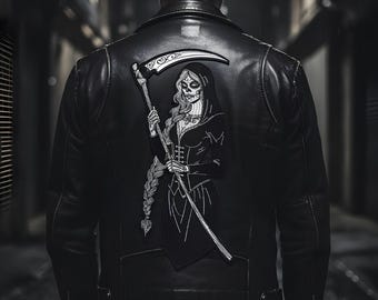Female Reaper Embroidered Back Patch – Gothic Embroidery for Custom Jackets