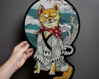 Parche bordado de Shiba Samurai – Aplique termoadhesivo de perro japonés