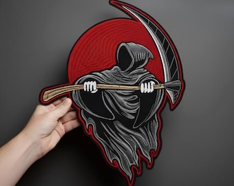 Large Grim Reaper Back Patch, Red Moon Scythe, Gothic Biker Vest Applique