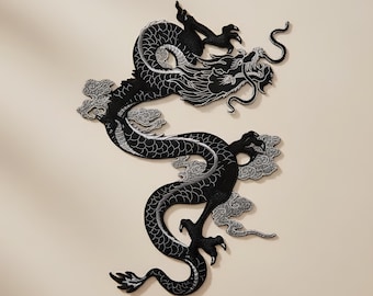 Large Black Dragon Embroidered Iron-On Patch • Oriental Jacket Vest Applique