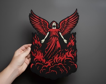 Large Fallen Angel Back Patch, Red Wings Embroidered Iron-On