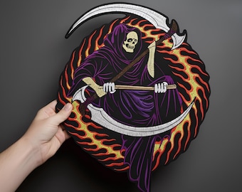 Reaper Flames Embroidered Patch – Large Iron-On Biker Vest Patch