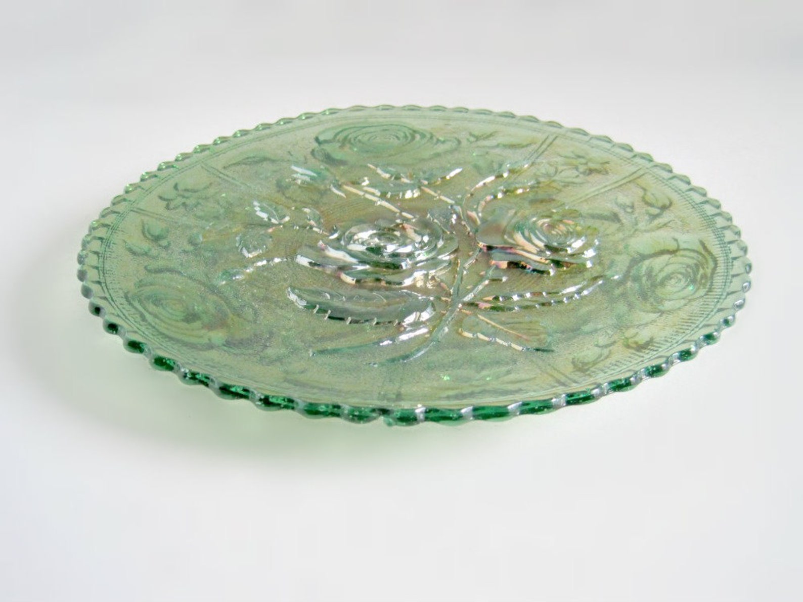 Vintage Green Carnival Glass Plate Imperial Open Rose Etsy