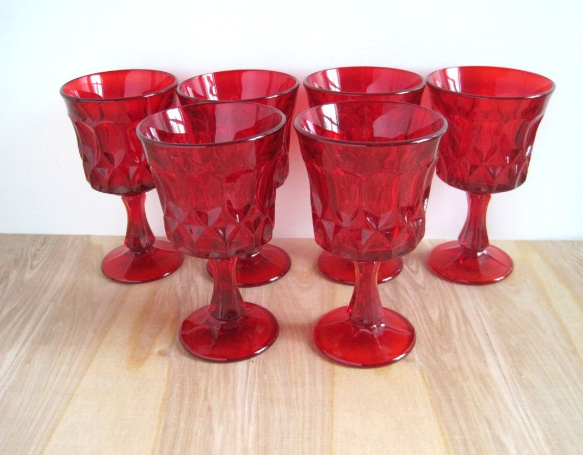 Vintage Ruby Glass Water Goblets Red Glasses Set of 6 Etsy