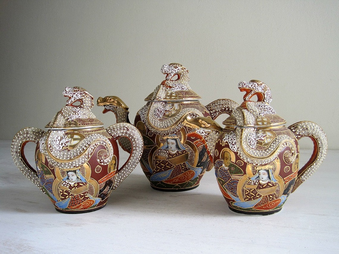 Vintage Japanese Satsuma Dragonware Tea Set Etsy