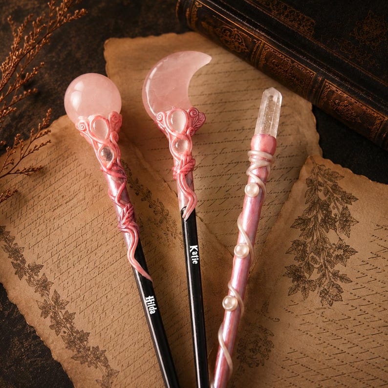 Moon Crystal Wand, Custom Pink Crystal Wand with Name, Cosplay Gift, Wizard's Gift image 1