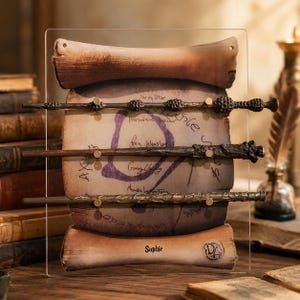 May include: A clear acrylic display stand holding three wands horizontally over a printed parchment background. The parchment features handwritten names and a purple circular mark, with the name Sophie and a circular logo printed at the bottom.