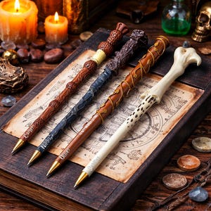 May include: Four decorative pens designed to resemble wands, each with unique colors and textures. The pens are brown, blue, and cream-colored, with gold-colored tips. The pens are arranged on a vintage map, with lit candles and other decorative items in the background.