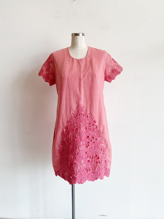 Vintage 50s 60s Handmade Pink Embroidered Mini Dr… - image 1