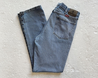 Vintage Wrangler Distressed Jeans Size 35 x 34 Straight Leg High Rise Light Wash 90s Mens