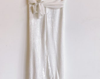 Y2K Sheer White Crinkle Cropped Pants Size Small Medium Textured Flowy Resort Wear Chiffon Ruffle Hem Sash