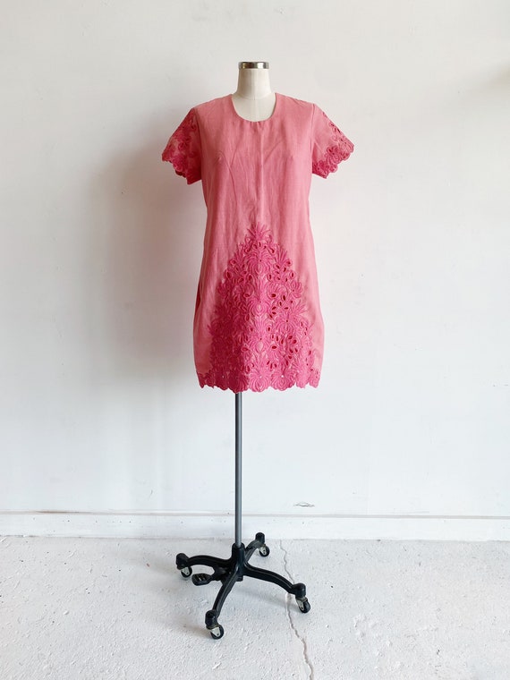 Vintage 50s 60s Handmade Pink Embroidered Mini Dr… - image 3