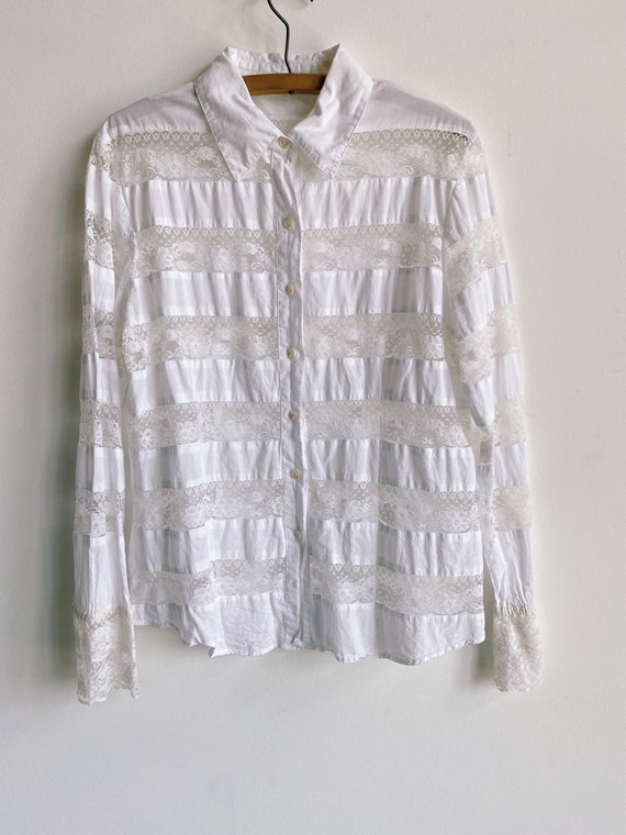 Y2K White Lace Panel Blouse Size XS Small Medium