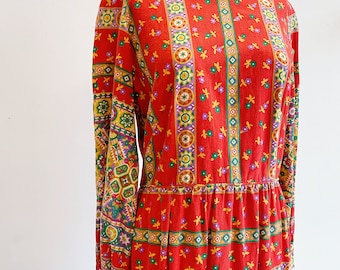 60s Festive Red Folk Print Maxi Dress Puff Sleeves Cotton Size Medium Womens Vintage Lane Bryant Tall Shop