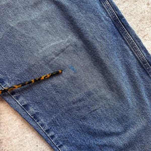 May include: Close-up of blue denim jeans with visible wear and tear. The jeans have a classic five-pocket design and a faded appearance. A pen with a tortoiseshell pattern is in the lower left corner. The denim shows signs of use.