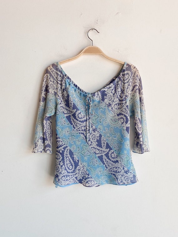 Y2K Silk Paisley Blouse Top Blue Green Off the Sho