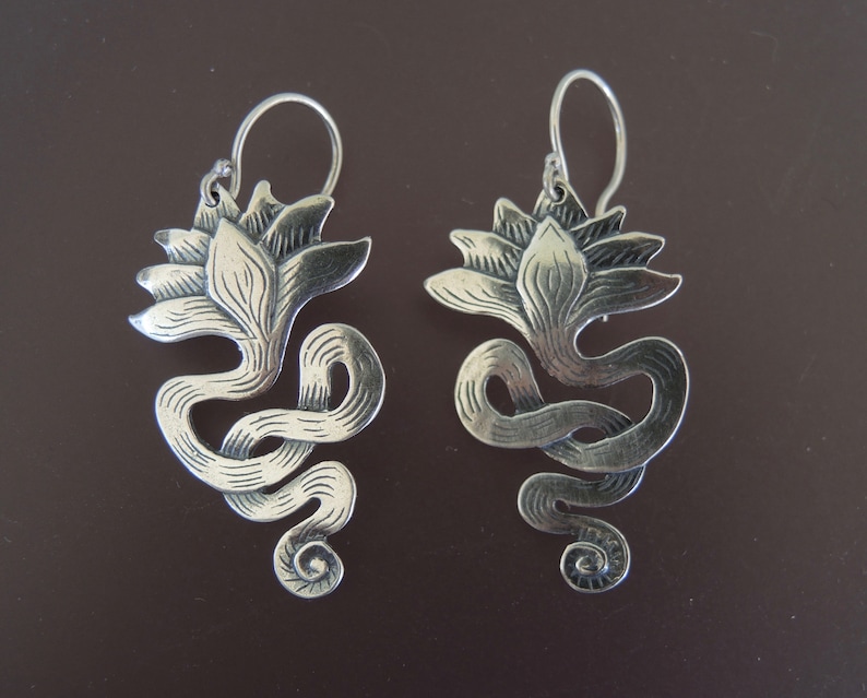 Lotus Earrings/ long sterling silver drop earrings image 1