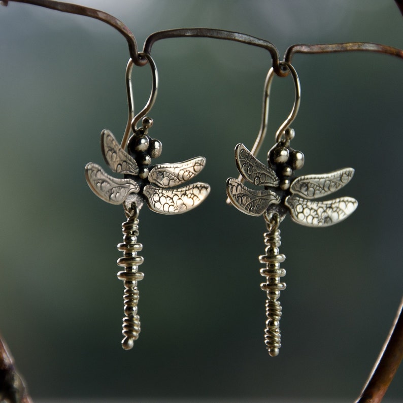 Dragonfly Earrings / smaller / sterling silver drop earrings image 2