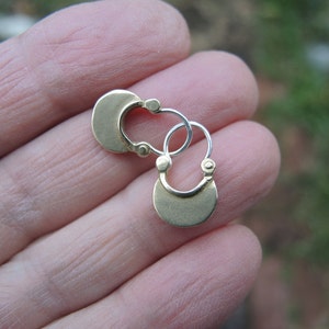 Tiny brass Crescent Moon  Hoop Earrings with sterling ear wires