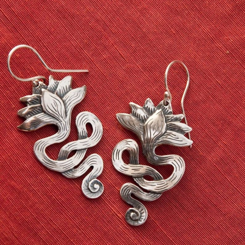 Lotus Earrings/ long sterling silver drop earrings image 2