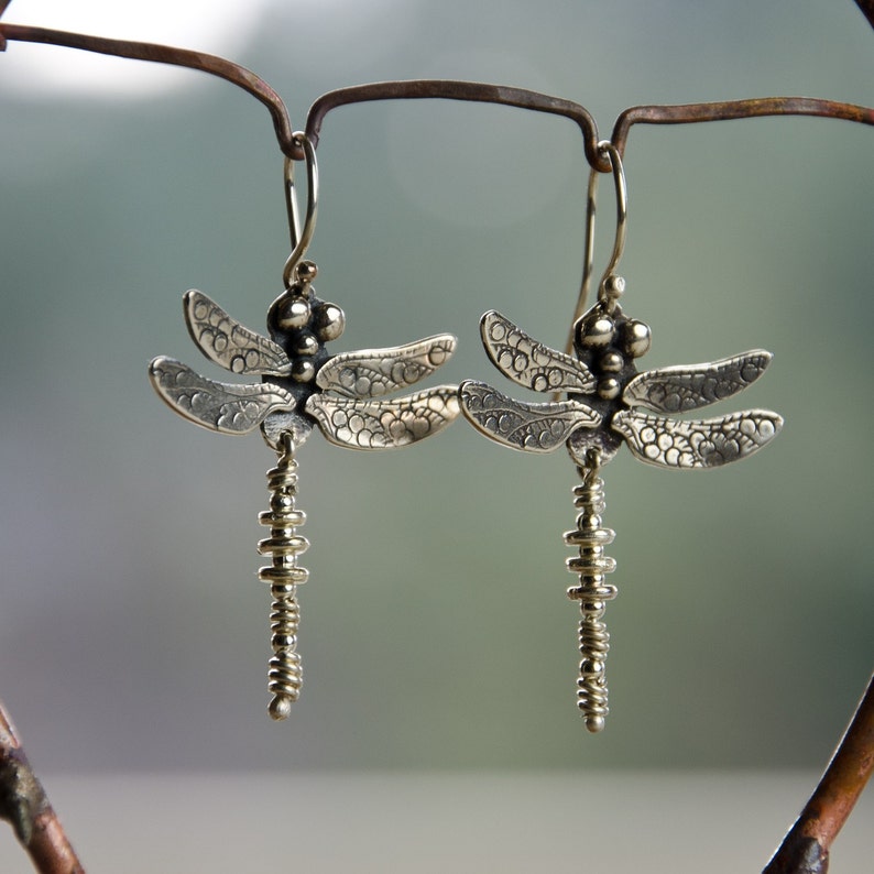 Dragonfly Earrings / smaller / sterling silver drop earrings image 3