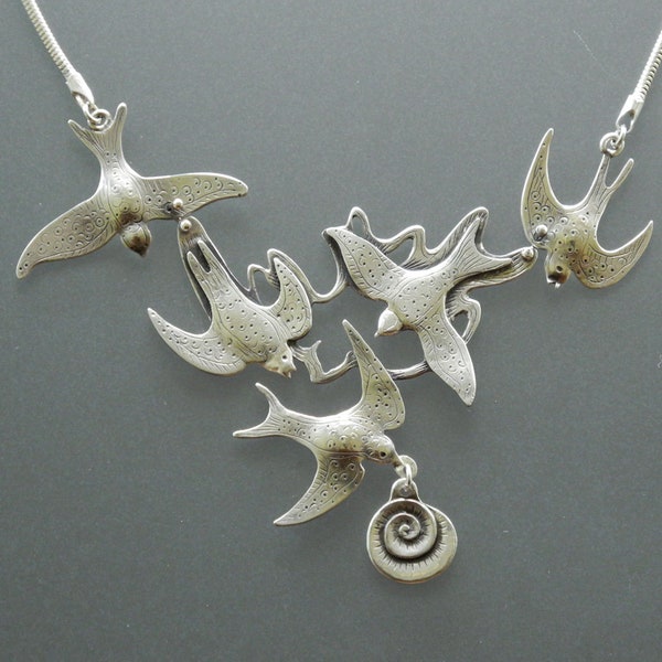 Flock of Swallows Necklace #1 - handmade - sterling silver statement necklace