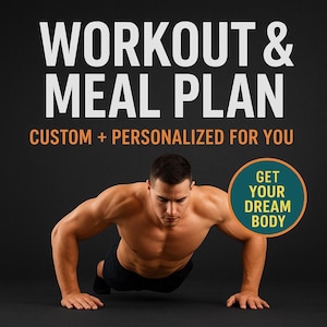 Może przedstawiać: Zdjęcie przedstawia umięśnioną osobę robiącą pompki. U góry biały tekst głosi "WORKOUT & MEAL PLAN". Poniżej, pomarańczowym kolorem, napisano "CUSTOM + PERSONALIZED FOR YOU". Turkusowe koło mówi "GET YOUR DREAM BODY".