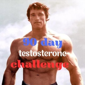 Puede incluir: Imagen de un hombre musculoso con el texto "90 day testosterone challenge" en azul y rojo. El hombre está sin camisa, con un fondo de cielo. La imagen promociona un programa de fitness o salud.