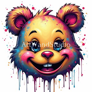 Cartoon Bear Face PNG: Colorful T-Shirt Design, Sublimation Clipart