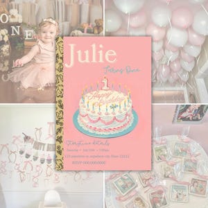以下が含まれることがあります： Julie Turns Oneというテキスト、火のついたキャンドルがのった白いケーキのイラスト、動物の線画が描かれた金色の縦枠が特徴の、長方形のピンク色の誕生日招待状。イベントの詳細とRSVP情報が記載されています。