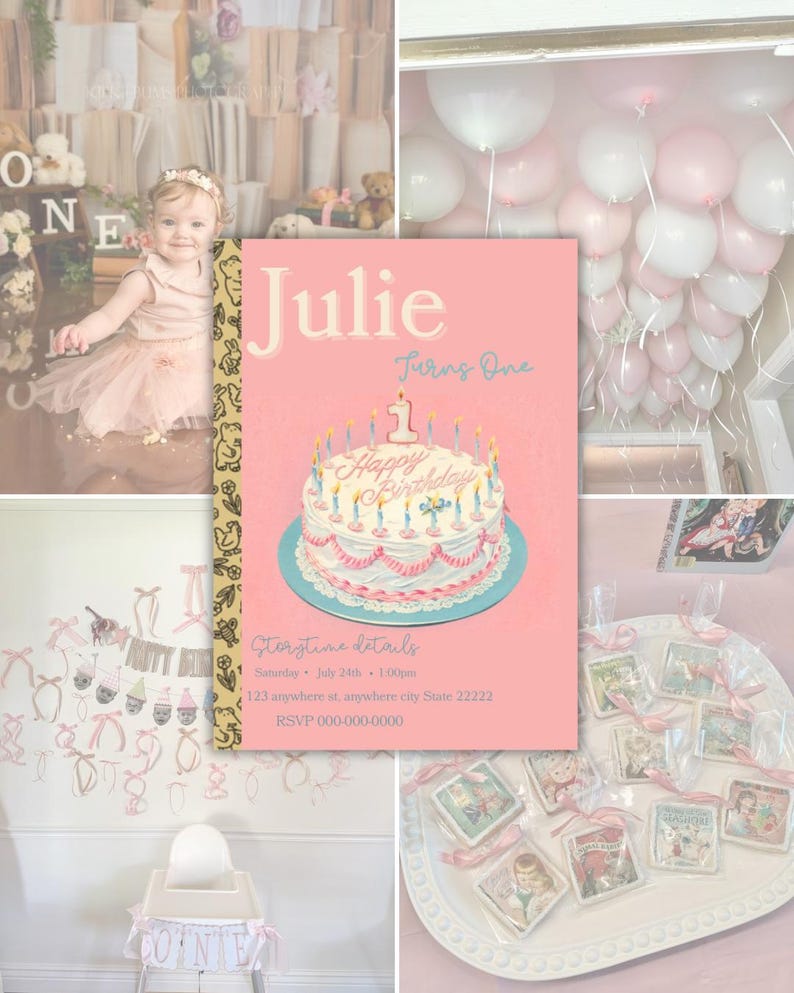 以下が含まれることがあります： Julie Turns Oneというテキスト、火のついたキャンドルがのった白いケーキのイラスト、動物の線画が描かれた金色の縦枠が特徴の、長方形のピンク色の誕生日招待状。イベントの詳細とRSVP情報が記載されています。