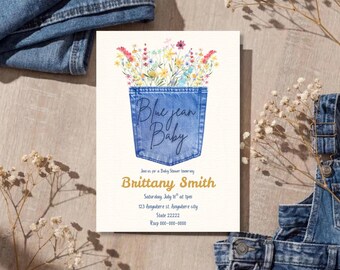 Blue Jean Baby Shower Invitation, Wildflower Denim Pocket, Canva Template